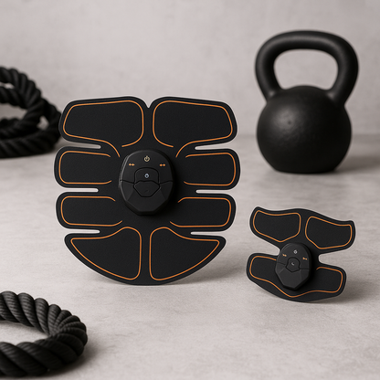 Black electronic muscle stimulator with remote control on a light gray surface, with a black kettlebell and resistance band in the background.