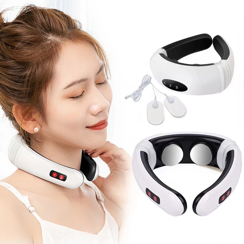 Woman using a neck massager with additional views of the device on a white background