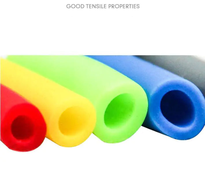 Four colorful silicone tubes with text 'Good Tensile Properties' on a white background