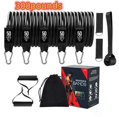 Resistance bands set with packaging and accessories on a white background