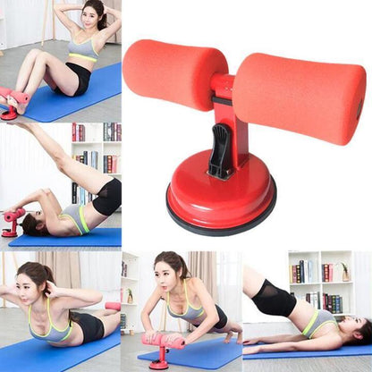 Red ab roller with images of a woman using it on a blue mat.