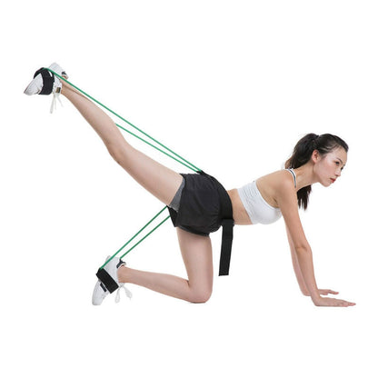 Woman exercising with resistance bands on a white background