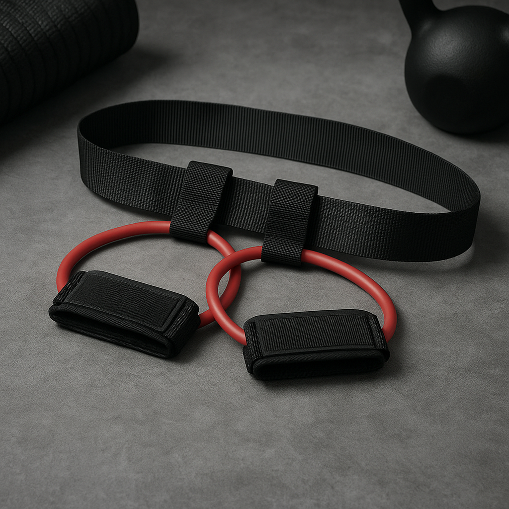 Black resistance band with red core on a gray surface, next to a black kettlebell.