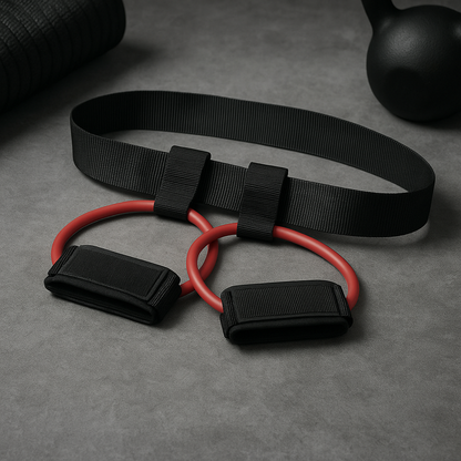 Black resistance band with red core on a gray surface, next to a black kettlebell.