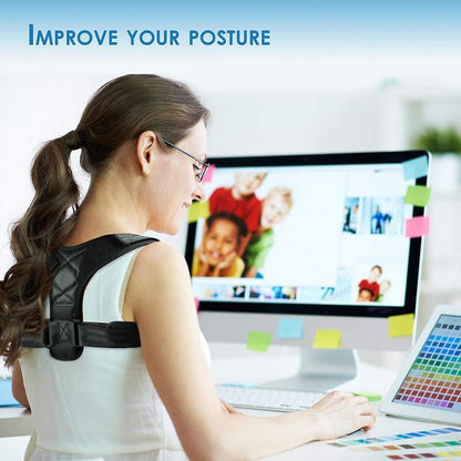Woman wearing a back brace while using a computer with text 'Improve Your Posture' above.