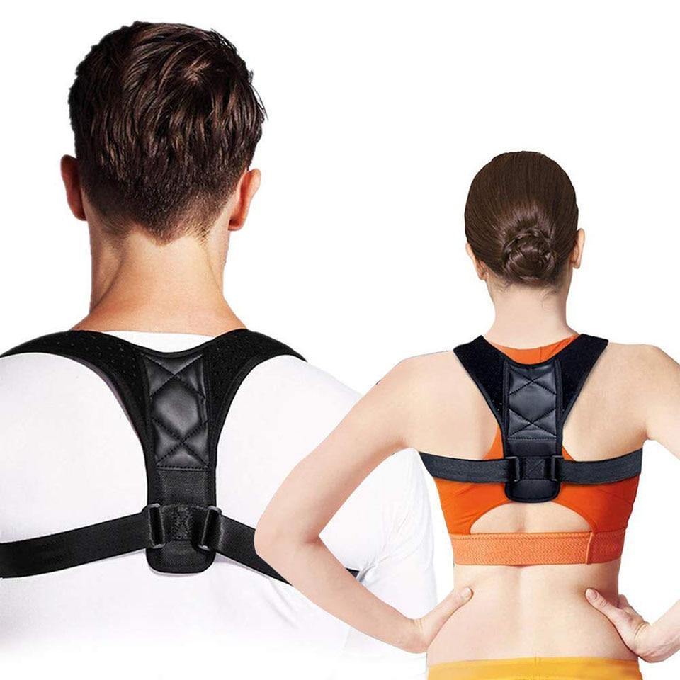 Two people wearing black posture correctors on a white background