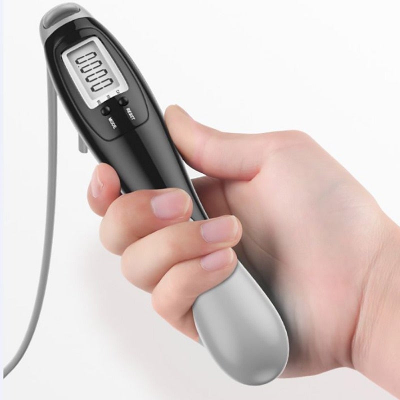 Digital thermometer held in a hand with a white background