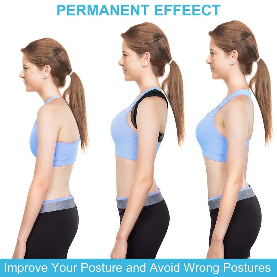 Three stages of a woman improving her posture with text about permanent effect and posture correction.