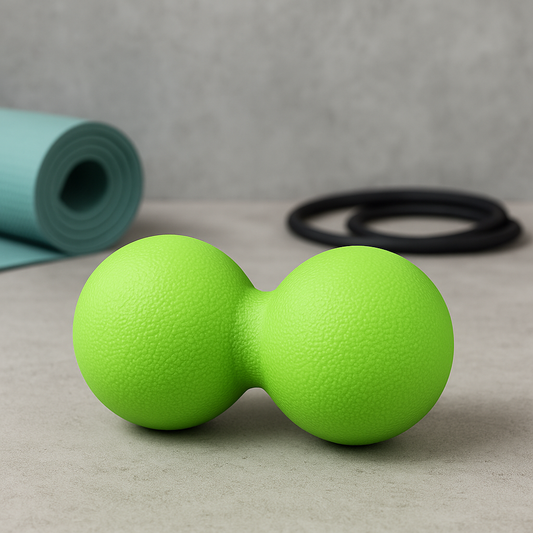 Green massage ball on a gray surface with a yoga mat and strap in the background