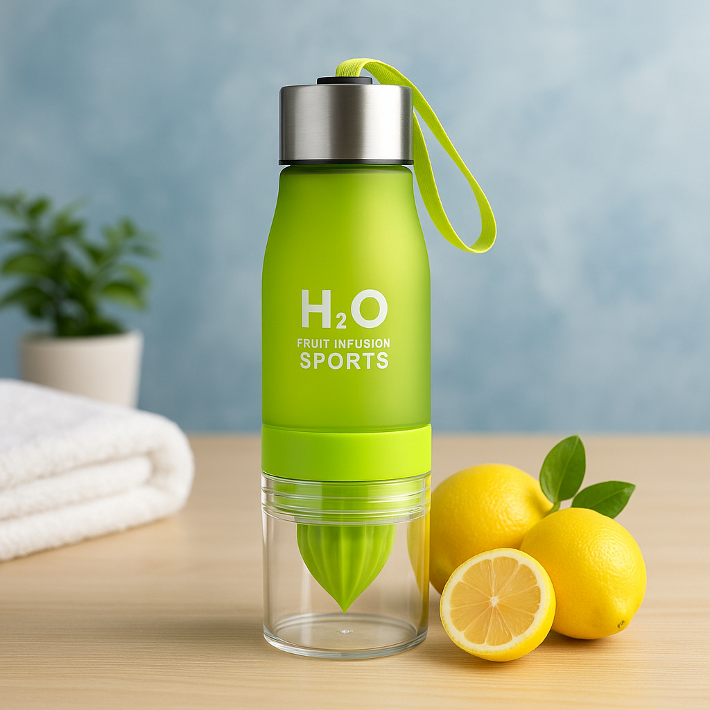 Green H2O sports water bottle with lemon slices on a wooden surface