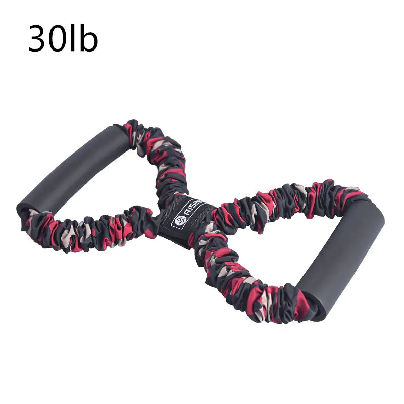 Resistance band with pink and black camouflage pattern and '30lb' label on a white background