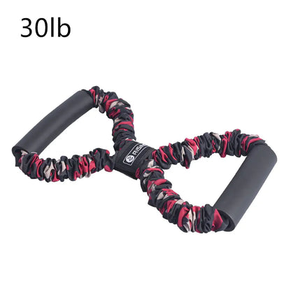 Resistance band with pink and black camouflage pattern and '30lb' label on a white background