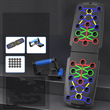 Colorful exercise mat with attachments on a dark background