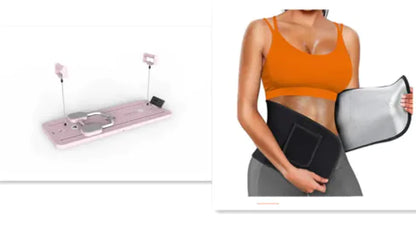 Woman wearing an orange sports bra and gray leggings with a black waist trainer, next to a pink electronic device on a white background.