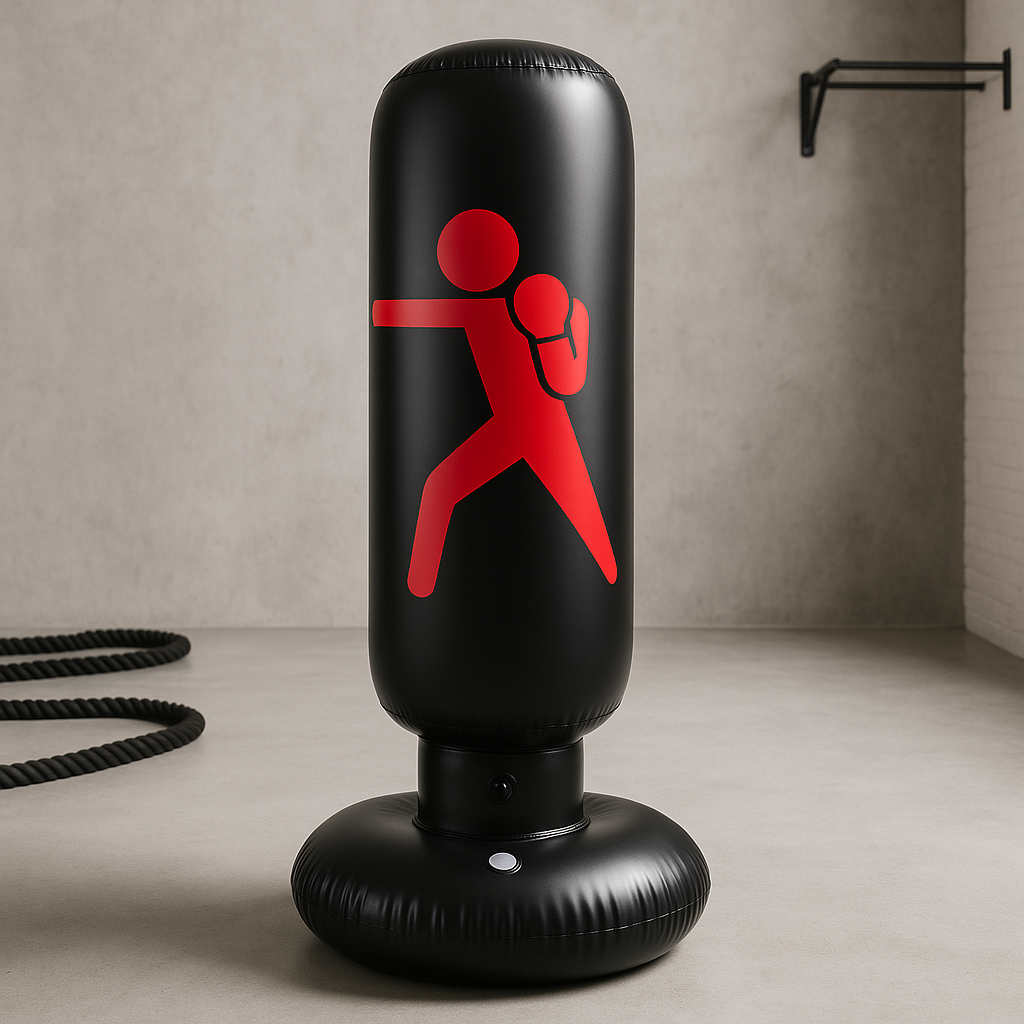 Black punching bag with red boxing figure on a neutral background