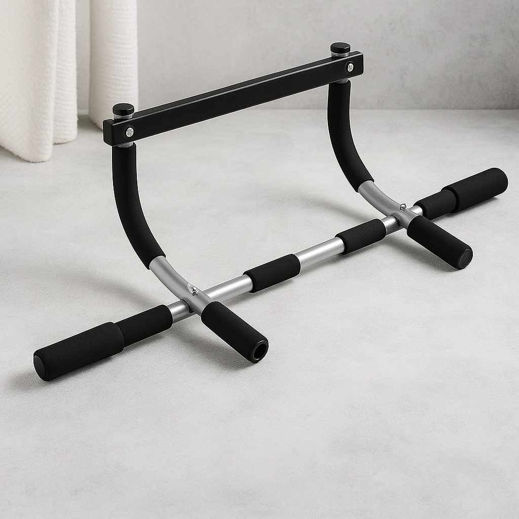 Black and silver pull-up bar on a light gray surface with white curtains in the background