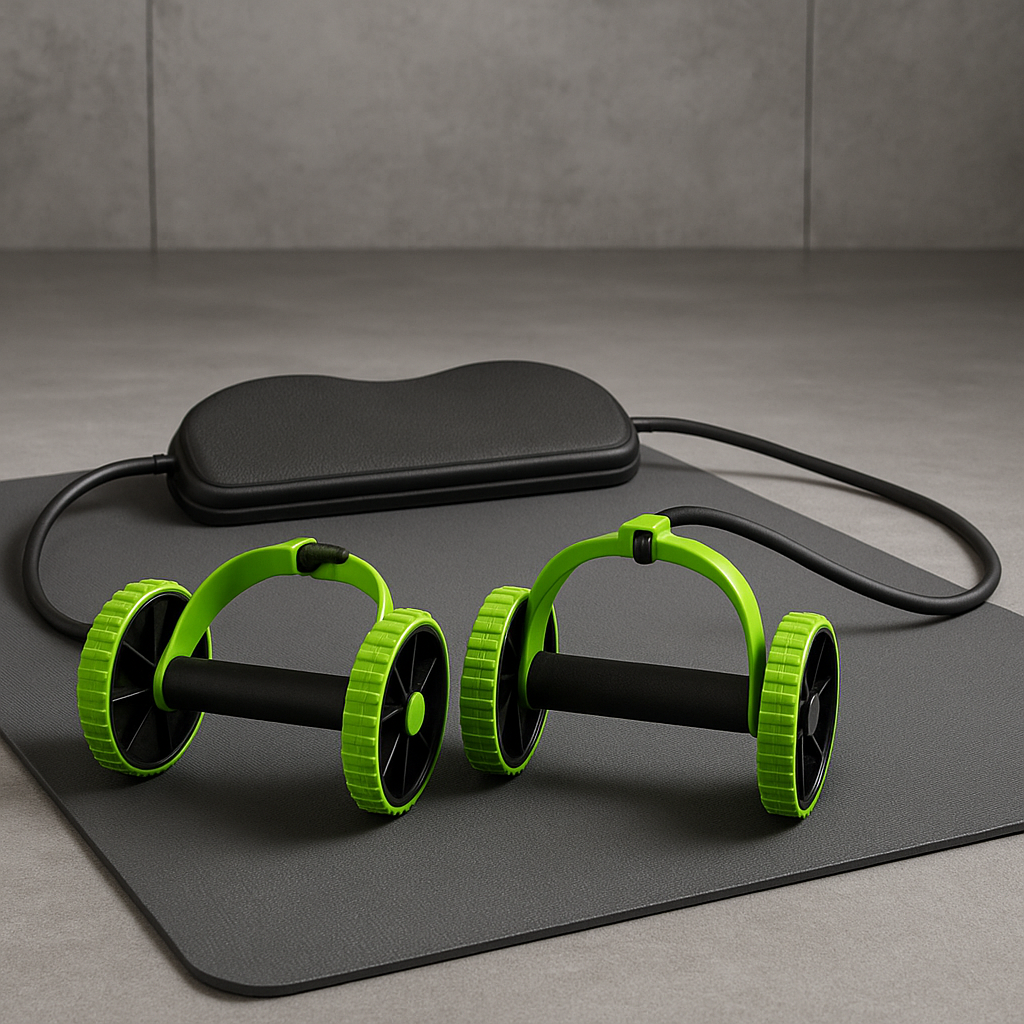 Green and black ab roller on a gray mat with a gray wall background