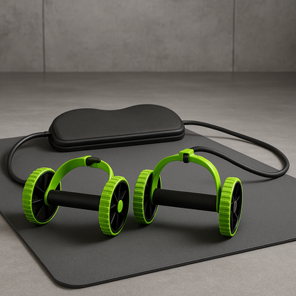 Green and black ab roller on a gray mat with a gray wall background