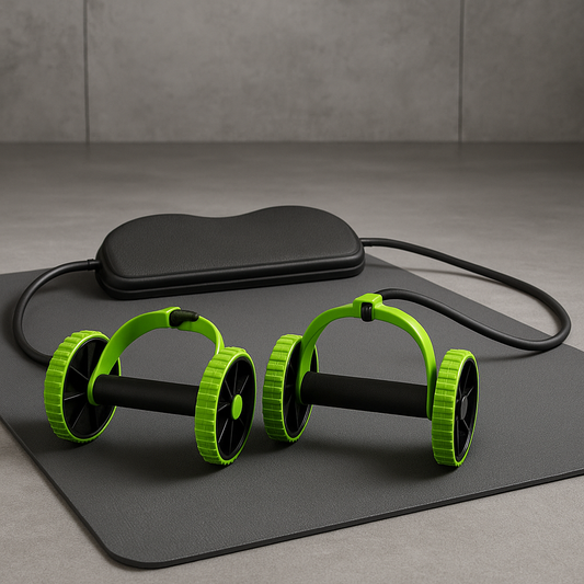 Green and black ab roller on a gray mat with a gray wall background
