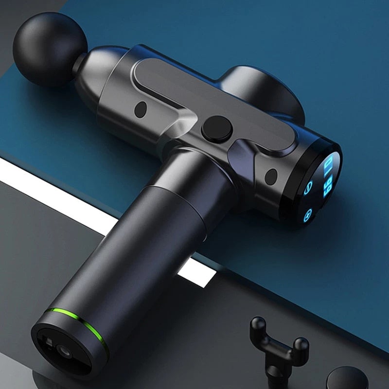 Massage gun on a reflective surface with a blue gradient background