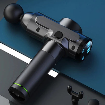 Massage gun on a reflective surface with a blue gradient background