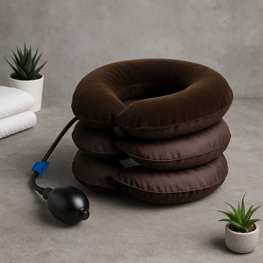 Brown inflatable neck pillow with pump on a concrete floor with plants and towels in the background