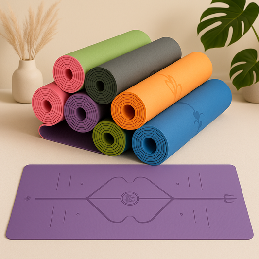 Set of colorful yoga mats with a purple mat in front on a neutral background