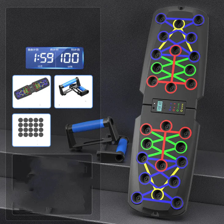 Black electronic device with colorful patterns and digital display on a dark background