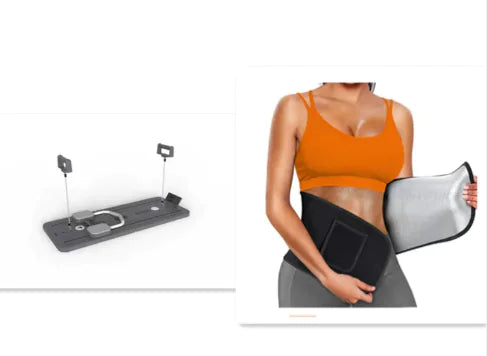 Woman wearing an orange sports bra and gray leggings with a black waist trainer, on a white background.