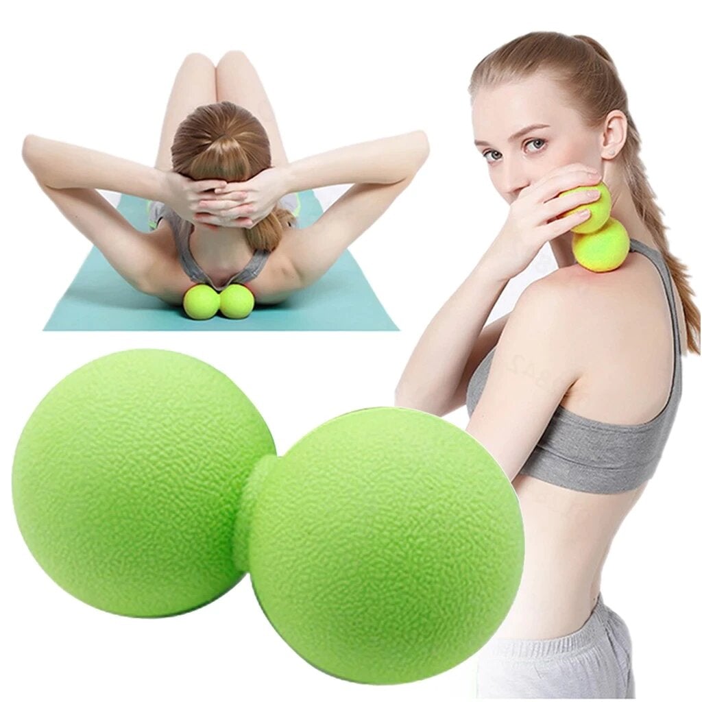 Green massage ball with a woman using it for self-massage on a white background