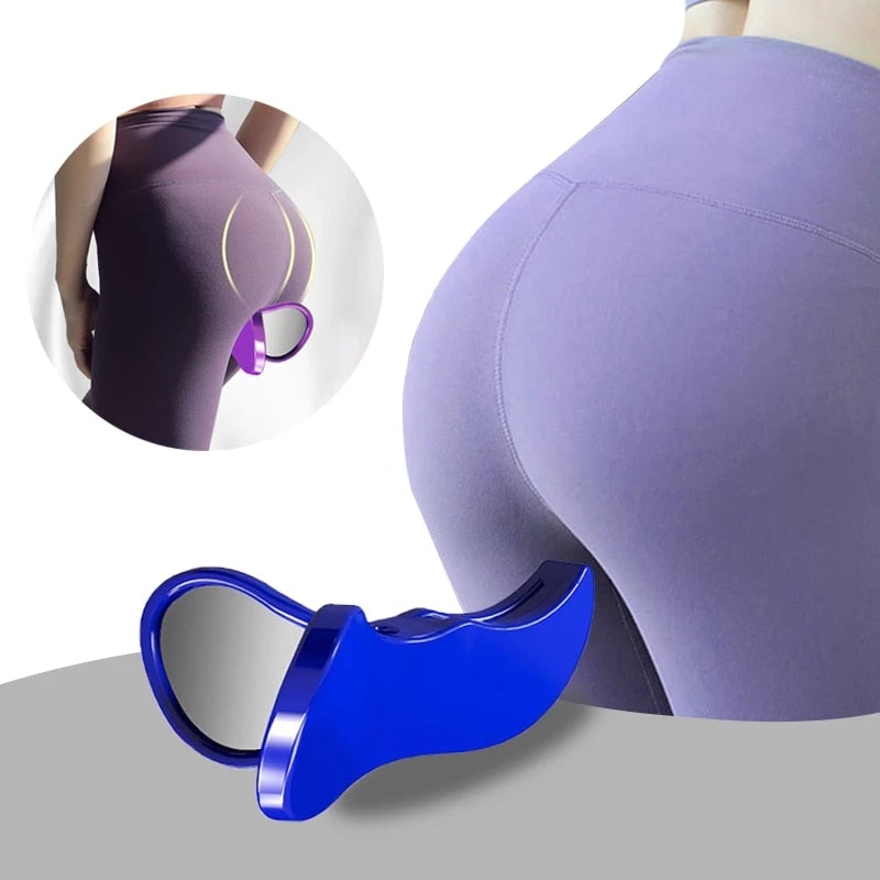 Blue device being used on a person wearing purple leggings with a close-up inset.