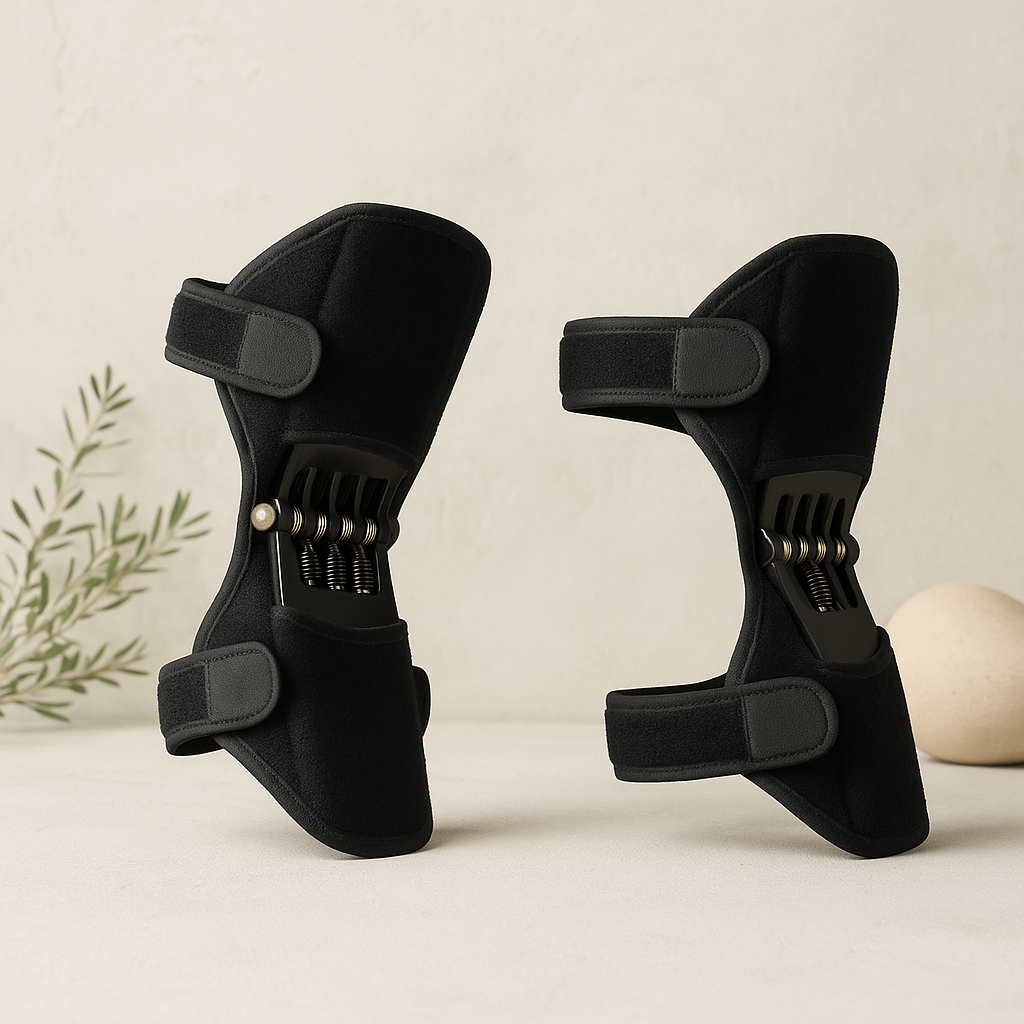 Pair of black protective leg wraps on a light background