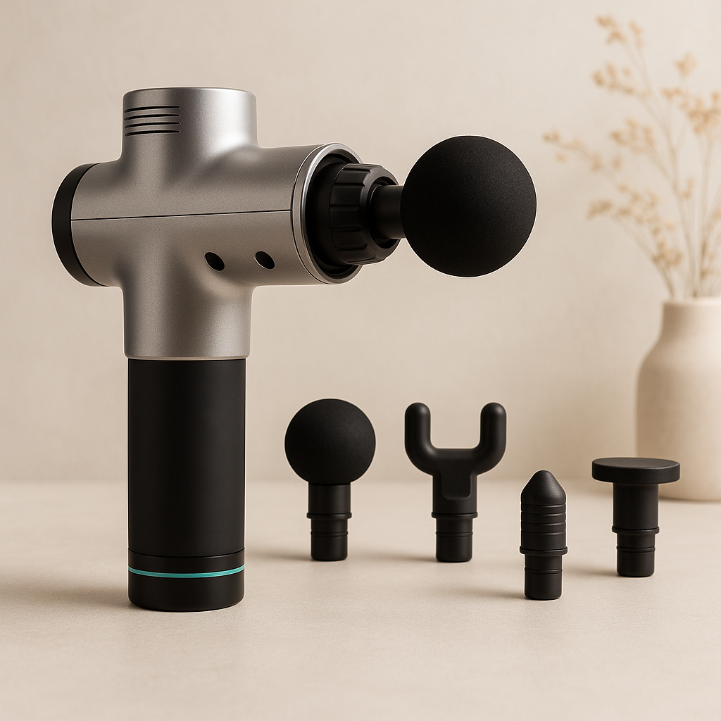 Massage gun with attachments on a beige background