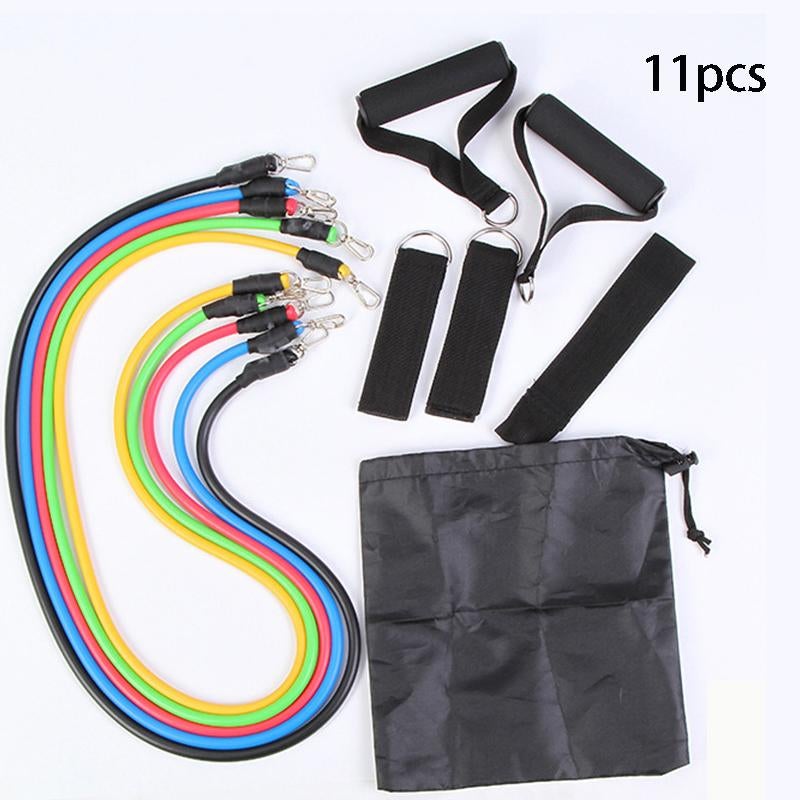 Set of resistance bands with handles and a carrying bag on a white background