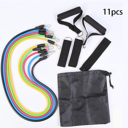 Set of resistance bands with handles and a carrying bag on a white background