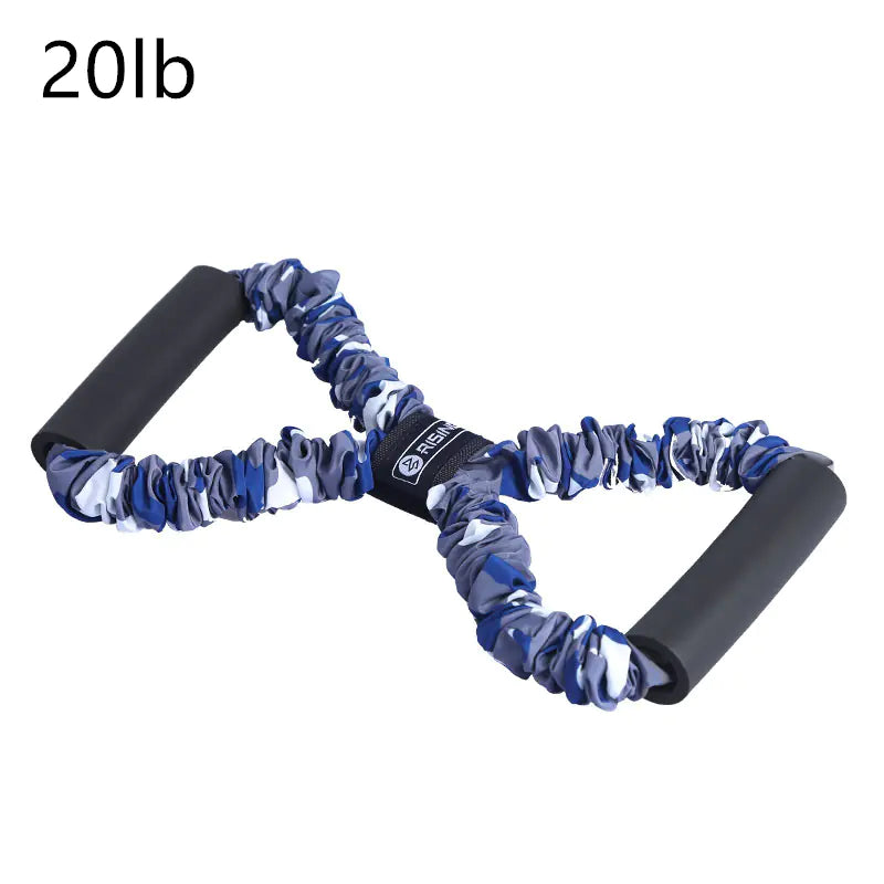 Blue resistance band with black handles and '20lb' label on a white background