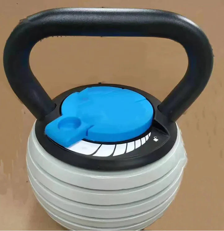 Kettlebell with blue weight marker on a brown background