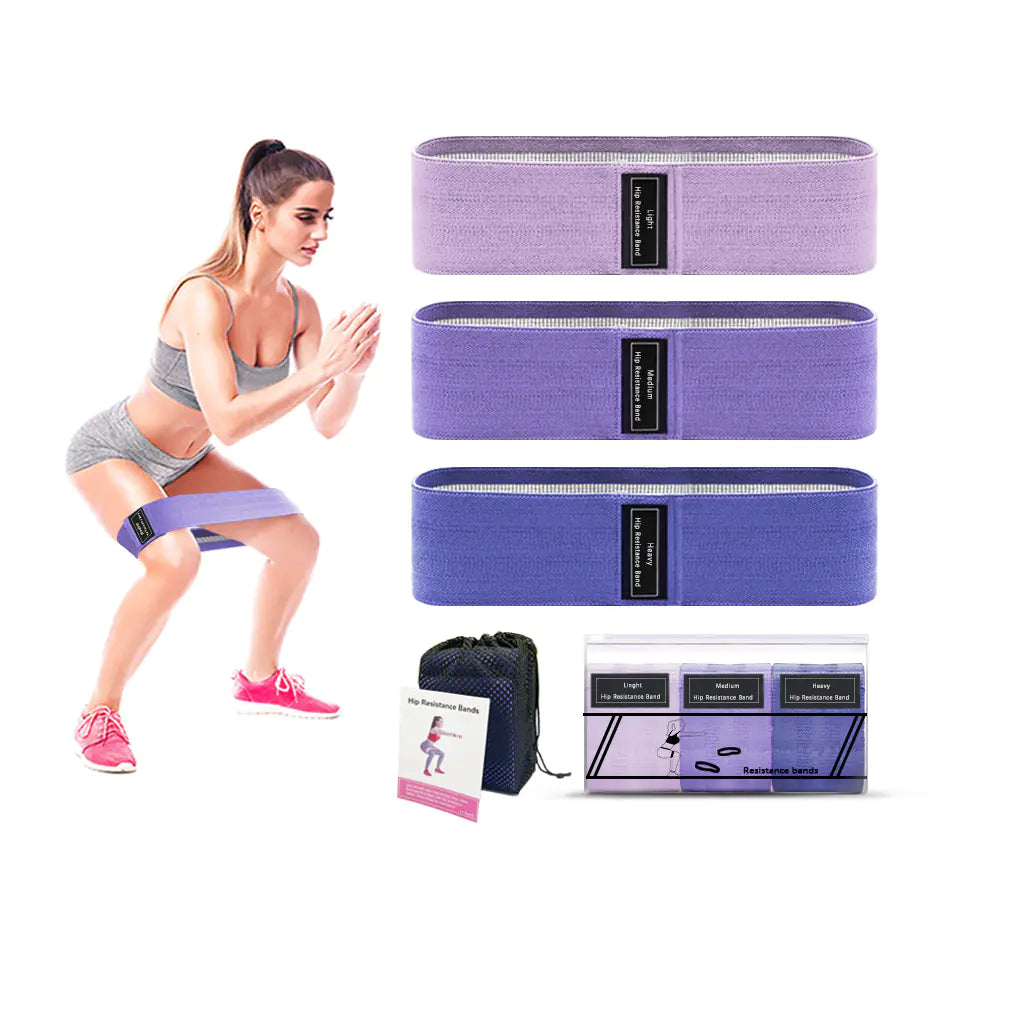 Woman exercising with resistance bands and a carrying case on a white background