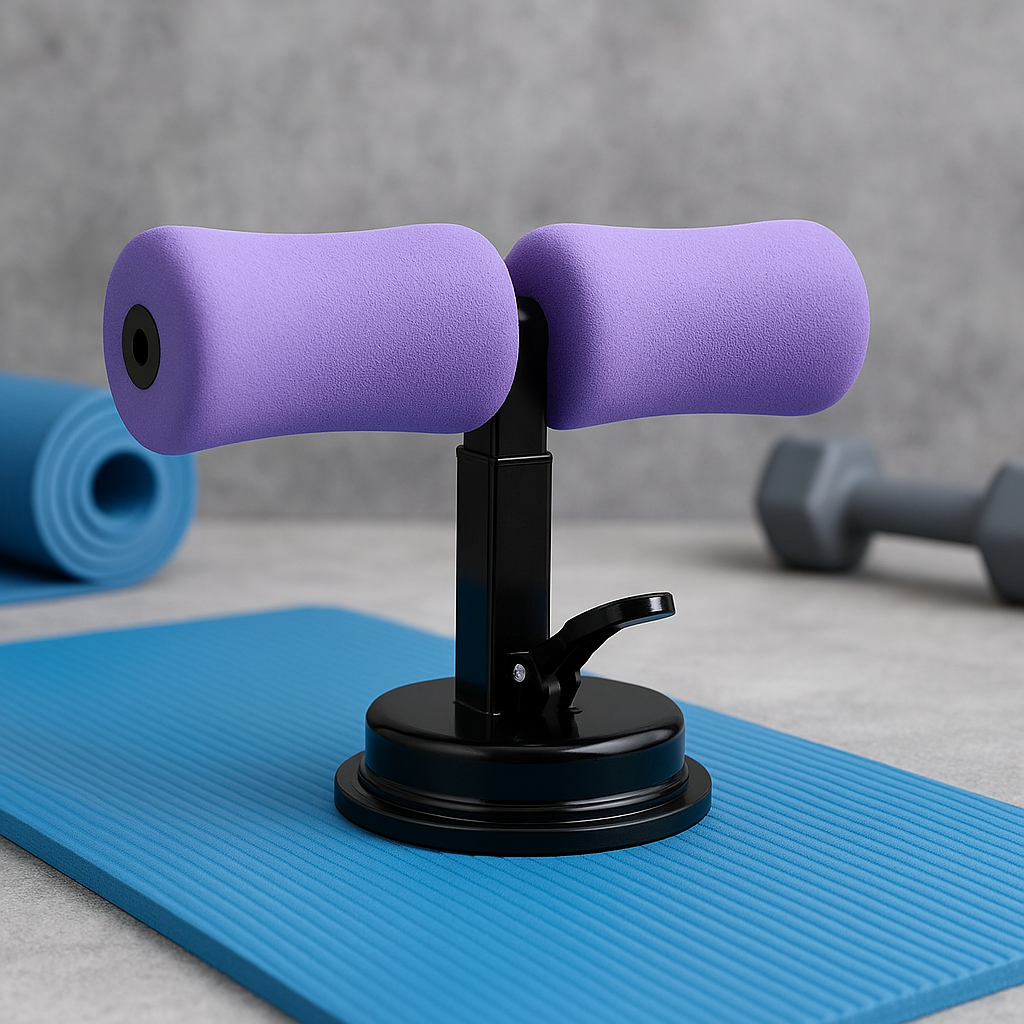 Purple arm exercise device on a blue mat with a gray background