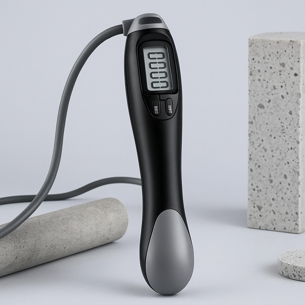 Black digital thermometer with gray accents on a light gray background