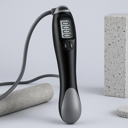 Black digital thermometer with gray accents on a light gray background
