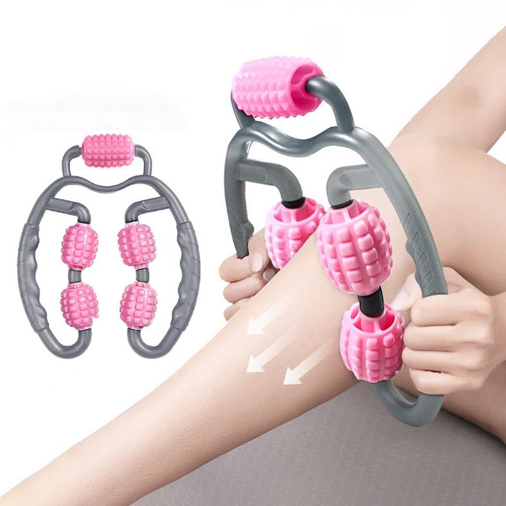 Handheld massage tool with pink and gray design being used on a hand.