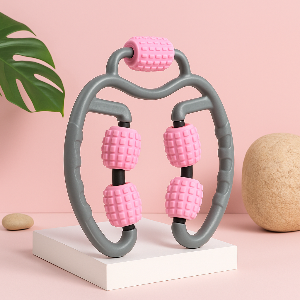 Pink and gray handheld massager on a pink background with decorative elements.