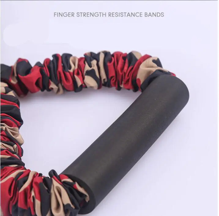 Finger strength resistance band with colorful loops on a white background