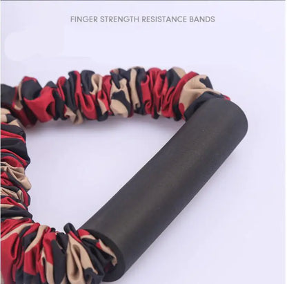 Finger strength resistance band with colorful loops on a white background
