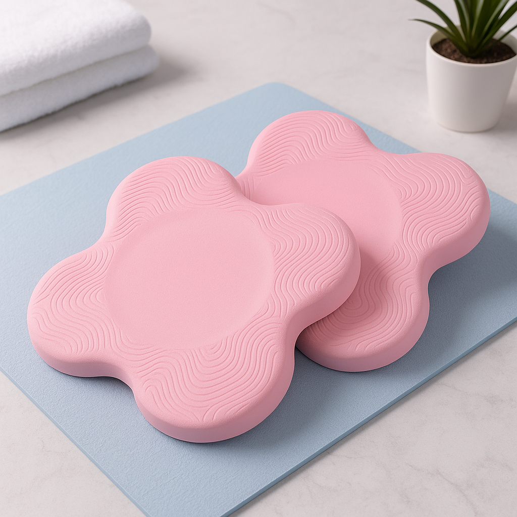 Two pink floral-shaped cushions on a light blue mat with a white towel and plant in the background.