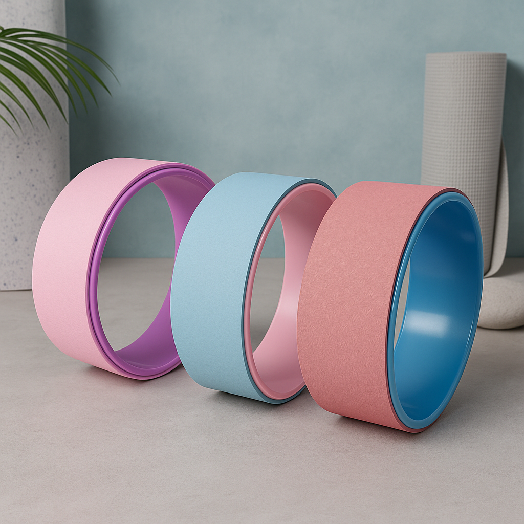 Three colorful yoga wheels on a neutral surface with a plant and vase in the background.