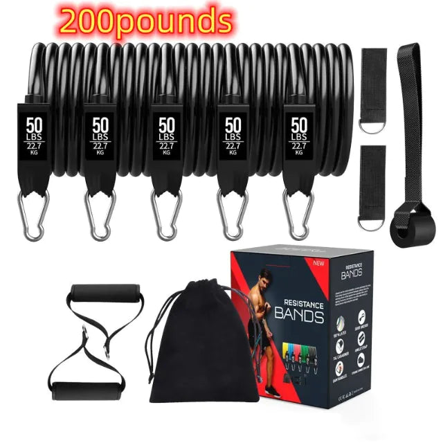 Resistance bands set with packaging and accessories on a white background