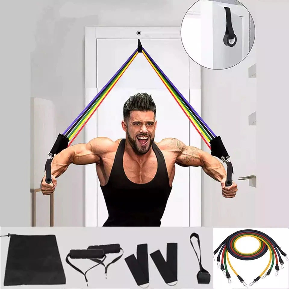 Man using resistance bands against a white door with additional images of the bands below.
