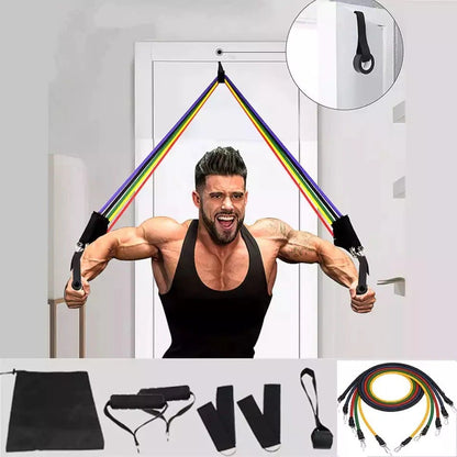 Man using resistance bands against a white door with additional images of the bands below.